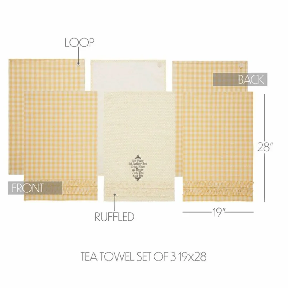 Honey Bee Cotton Ruffled Tea Towel Set of 3 Farmhouse Sunny Yellow Plaid